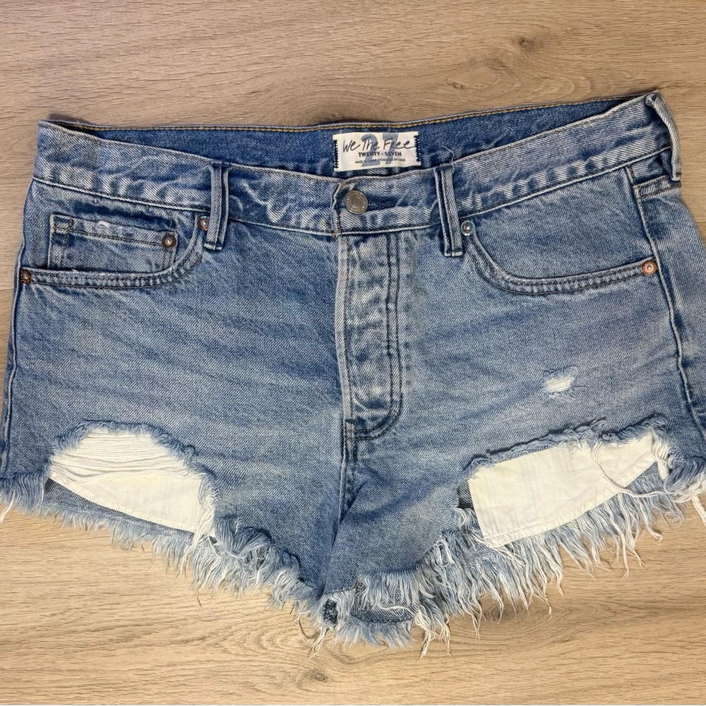 Free People Light Blue Distressed Denim Shorts